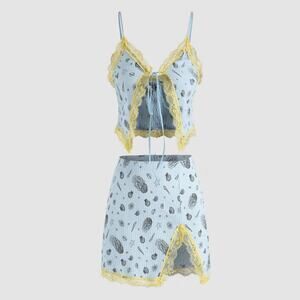 Cider Beachy Sky Blue Crop Tank and Skirt Set with Yellow Lace Y2k Medium